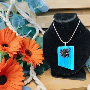 Fun fused glass dandelion flower necklace Artisan handmade blue black jewelry